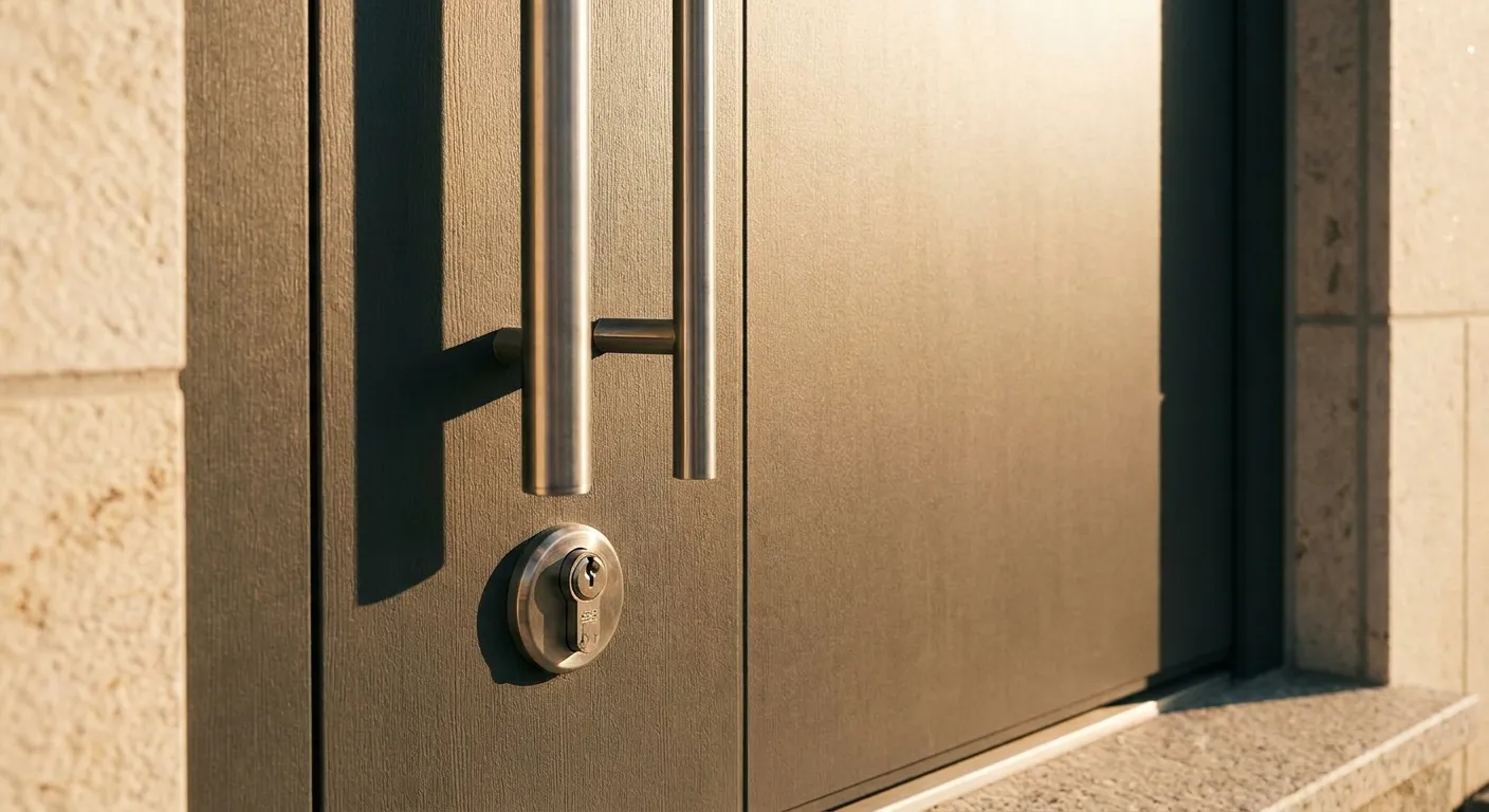 Hochwertige Aluminium-Haustür mit vertikalem Edelstahlgriff und Sicherheitszylinder im warmen Abendlicht