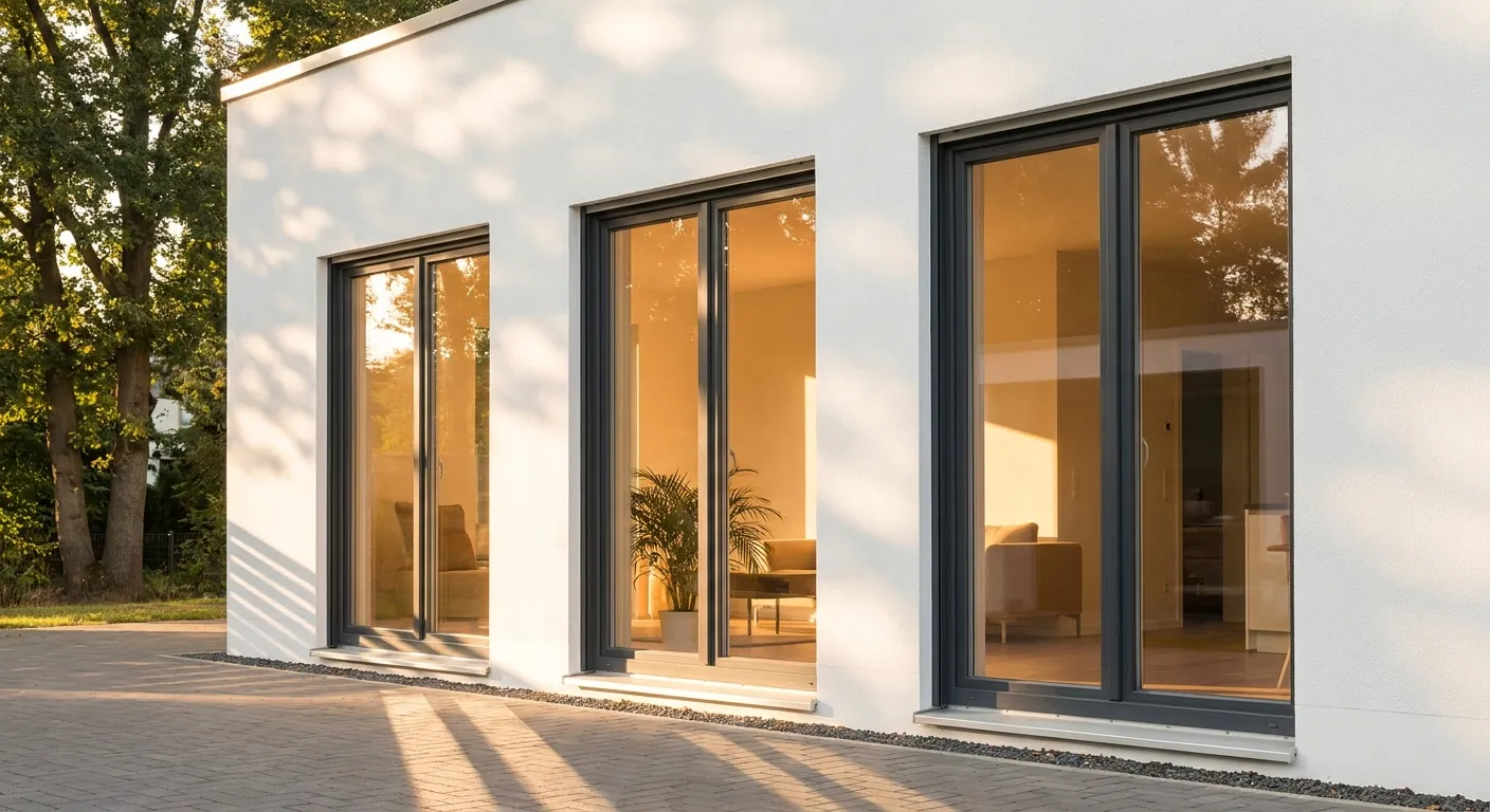 Moderne Wohnhausfassade mit drei großen anthrazitfarbenen Fenstern, warmes Abendlicht