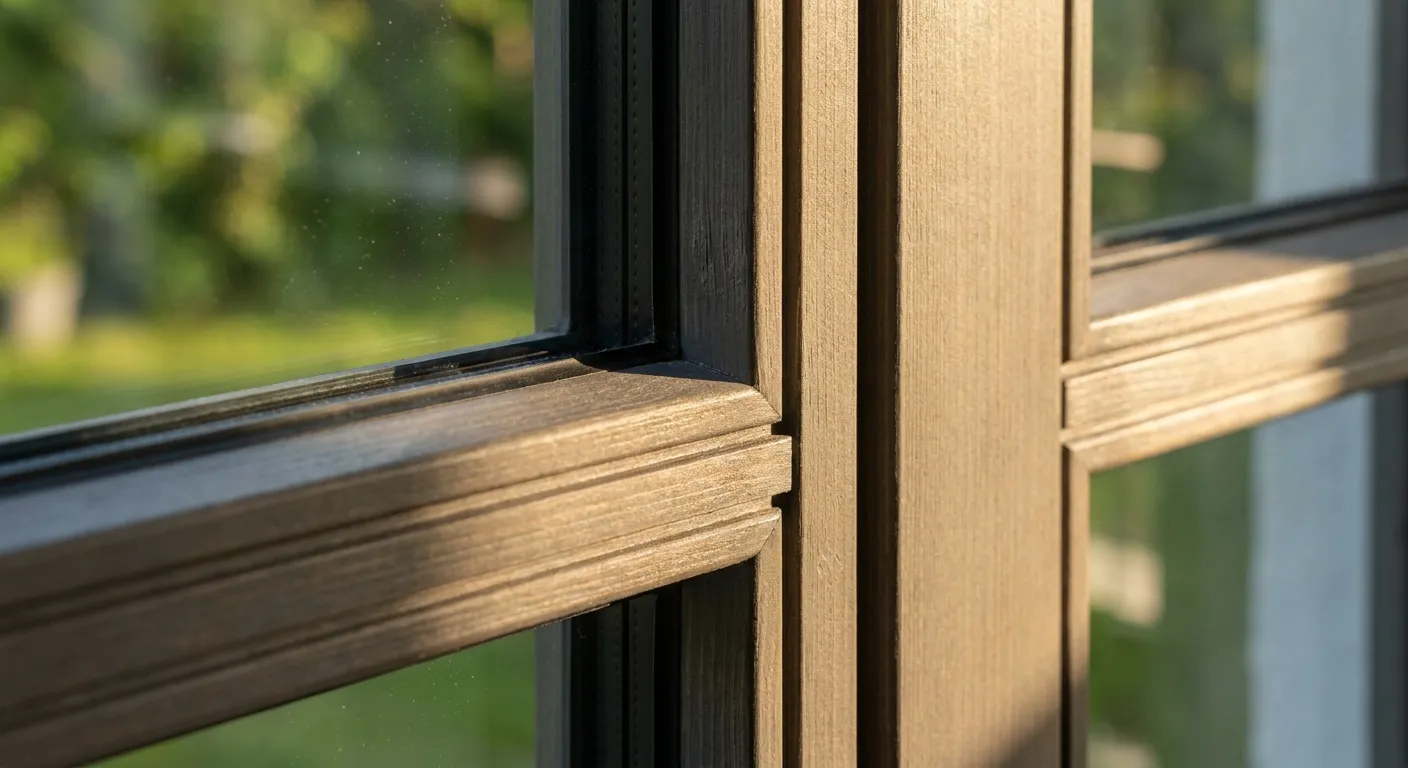 Detail eines Köhler-Holzfensters mit warmer Holzmaserung und sichtbarer Sprosse